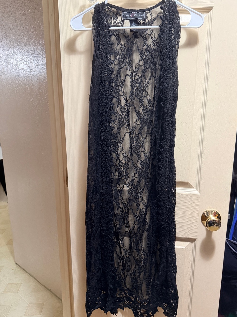 Polly Esther L Black Sheer Lace Maxi Duster Vest | Gothic Boho